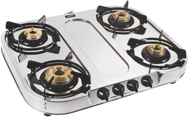 Glen 4 Burner Stainless Steel Gas Stove Extra Wide 1 High Flame 3 Brass Burner Stainless Steel Manual Gas Stove