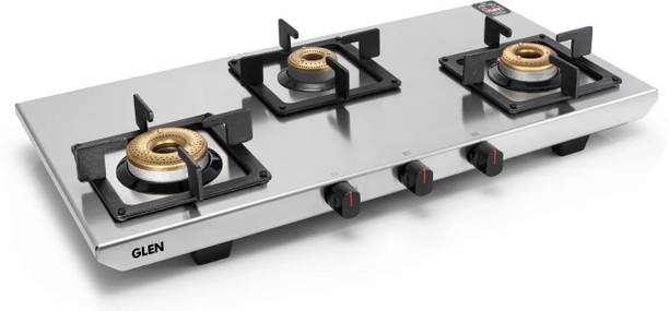 Glen Ultra Tuff Stainless Steel Gas Stoves 3 burner Forged Brass Burner ISI Certified Stainless Steel Manual Gas Stove