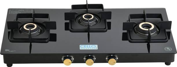 CELLO Black Pearl 3 Burner Toughened Glass Top Gas Stove, Brass Burners, Black Finish Glass Manual Gas Stove