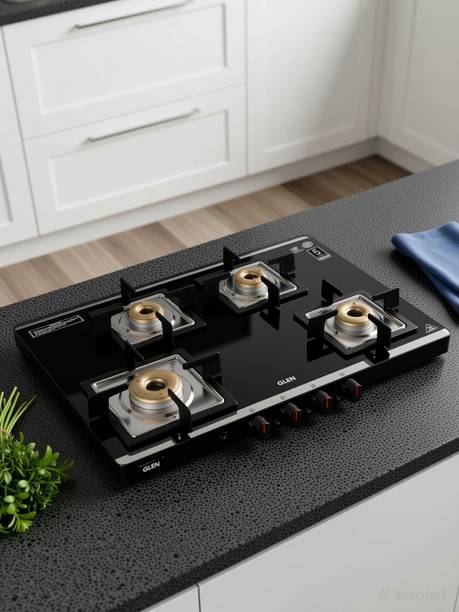 Glen Ultra Slim Mirror Glass 1 High Flame 3 Forged Brass Burner (CT1047USMIAI) Glass Automatic Gas Stove