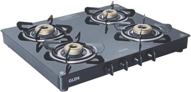 Glen LPG Gas Stove 4 Burner I Forged Brass Burner Black Glass Manual Gas Stove
