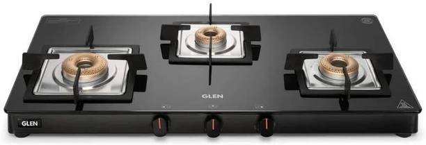 Glen 3 Burner Ultra Slim Glass Gas Stove with High Flame Forged Brass Burner Glass Manual Gas Stove (3 Burners)