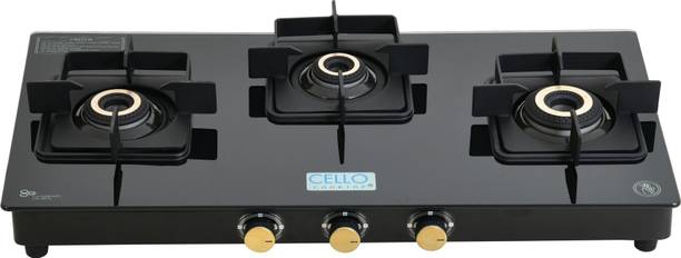 CELLO Black Pearl 3 Burner Toughened Glass Top Gas Stove, Brass Burners, Black Finish Glass Manual Gas Stove