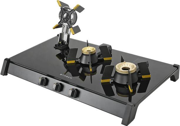 FABER Genius 75 cm 3 Burner Liftable Burner Round Pan Support Black ABS Knobs Cooktop Glass Manual Gas Stove