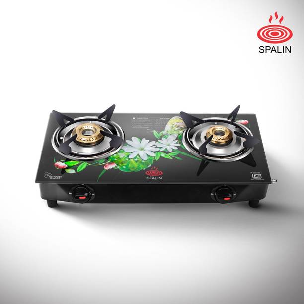 Spalin 2 Burner Glass Top Gas Stove, Manual Ignition, (Digital, ISI Certified) (FLOWER) Crystal Manual Gas Stove