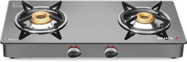 SUJATA SGT 2B ST 18 Gas Stove 2 Burner | Gas Chulha for Kitchen | LPG & PNG Compatible Glass Manual Gas Stove