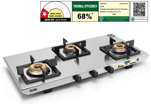 Glen Ultra Tuff Stainless Steel Gas Stoves 3 burner Forged Brass Burner ISI Certified Stainless Steel Manual Gas Stove