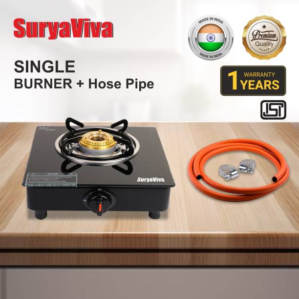 SURYAVIVA Single Burner Combo Hose Pipe Gas Stove(Manual,Black) Glass Manual Gas Stove