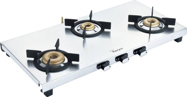 Golden Surya Premium Stainless Steel Body, 3 Burner Gas Stove, Manual Ignition | "LPG Use Stainless Steel Manual Gas Stove
