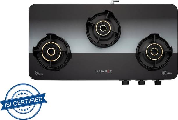 BLOWHOT Sapphire 3 Tornado Brass 5G Burners, 5-Year Warranty, Premium Design, Toughened Glass, Aluminium Manual Gas Stove