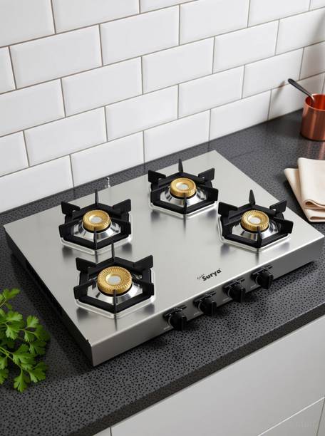 Golden Surya Gas Stove 4 Burner , Heavy Stainless Steel Body, ISI Certified, LPG USE Stainless Steel Manual Gas Stove