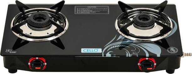 CELLO Crown 2 Burner Black Gas Cooktop,Toughened Glass, ISI Certified, 1 Year Warranty Glass Manual Gas Stove