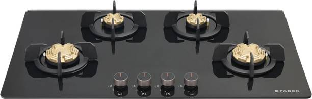 FABER PRIME HT904 CRS BR CI AI|Brass Burners| Metal Knobs| Cast Iron Pan Support | Glass Automatic Hob