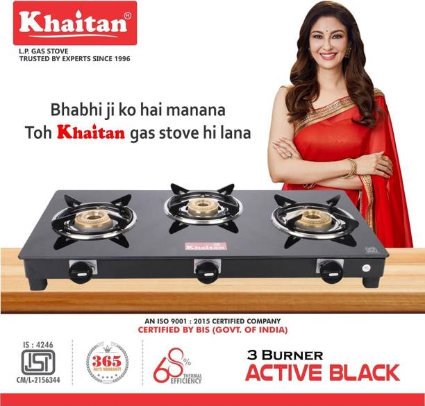 Khaitan 3 Burner ACTIVE Black Toughened Glass Manual Gas Stove