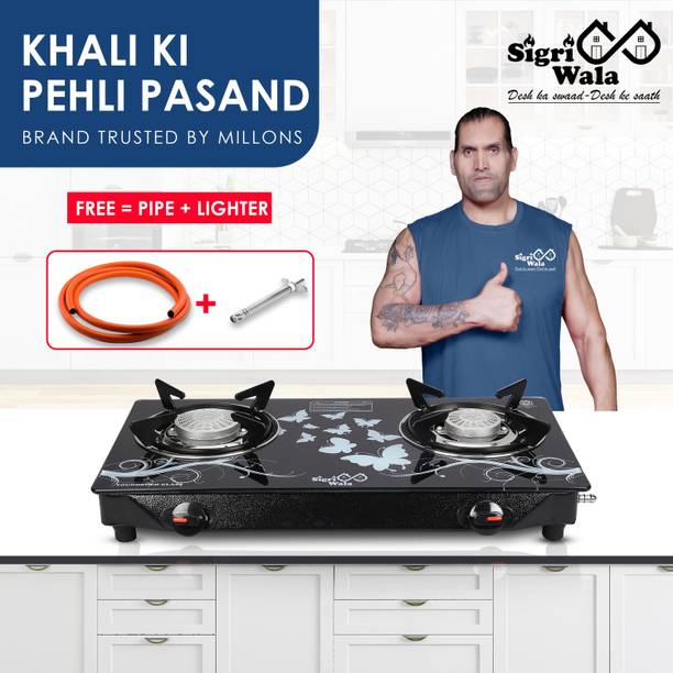 Sigri-wala Cute 2B Combo(Lighter+Hose Pipe) Toughened Glass Tornado Burner(Bk) Glass Stove Glass Manual Gas Stove