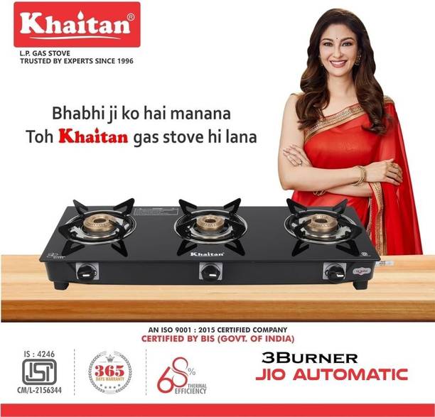 Khaitan 3 Burner BP-GIO MS Auto Black Toughened Glass Automatic Gas Stove