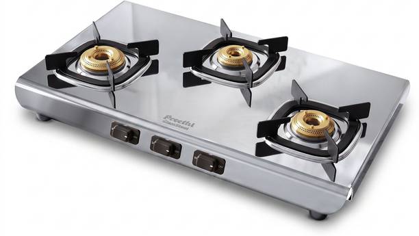 Preethi Glamsteel 3 Burner Gas Stove Stainless Steel Thick and Rust Free Body Stainless Steel Manual Gas Stove
