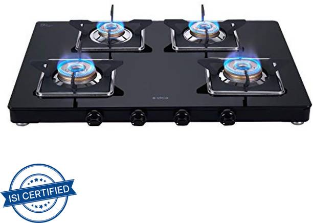 Elica Slimmest 4 Burner Gas Stove with Square Grid and Brass Burner (694 CT VETRO (SLIM LINE SPF 2J)) Glass Manual Gas Stove