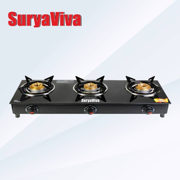 SURYAVIVA 3B Photon Bk Toughened 3 Brass Burner(Manual,Black) Glass Manual Gas Stove