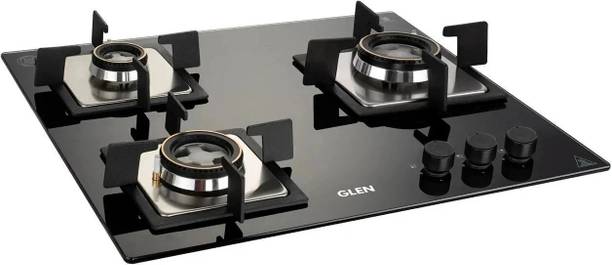 Glen 3 Burner Built in Glass Hob 60 cm With Double Ring Forged Brass Burner Glass Automatic Hob