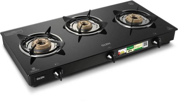Glen LPG stove 1030 GT Brass Burner Black Glass Manual Gas Stove
