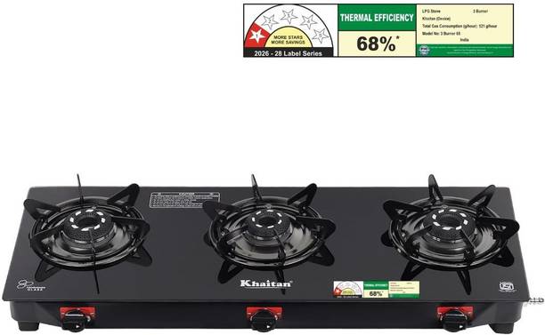 Khaitan 3 Burner Selios Black Toughened Glass Manual Gas Stove