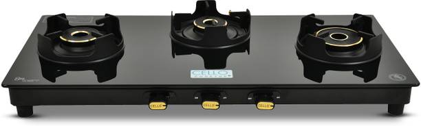 CELLO Granito 3 Burner Black Gas Cooktop, Dual Shade Toughened Glass, ISI Certified Glass Manual Gas Stove