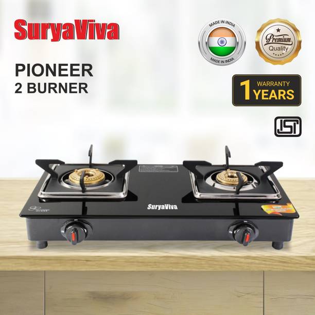 SURYAVIVA Pioneer 2B BK Toughened Glass 2 Cast Iron Burner Gas Stove(Manual Igniton,Black) Glass Manual Gas Stove