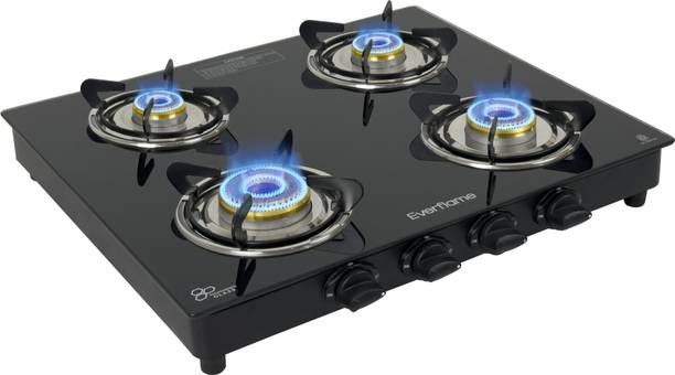 Everflame Titan 4 Burner Cooktop Brass Burner Gas Stove ISI Approved 2 Year Warranty Glass Manual Gas Stove