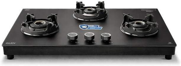 Glen Premium LPG Gas Stove 3 Burner | Matt Glass & Frame | Forged Brass Burners | Glass Manual Gas Stove