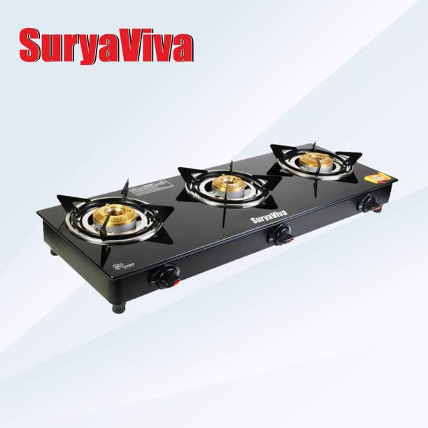 SURYAVIVA Photon 3Burner(Hose pipe + Lighter) Manual glass Glass Manual Gas Stove