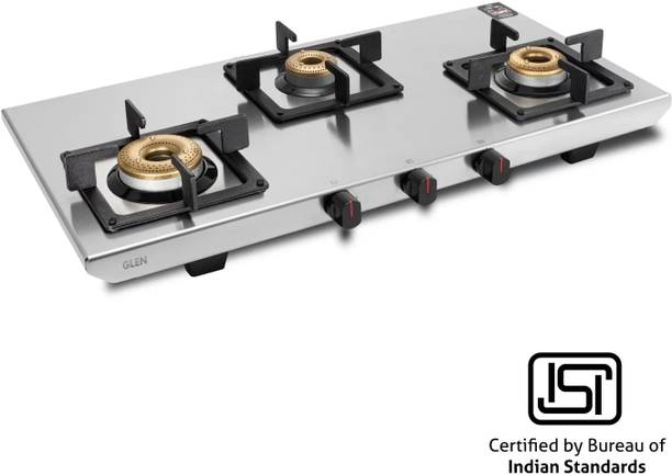 Glen Ultra Tuff Stainless Steel Gas Stoves 3 burner Forged Brass Burner ISI Certified Stainless Steel Manual Gas Stove
