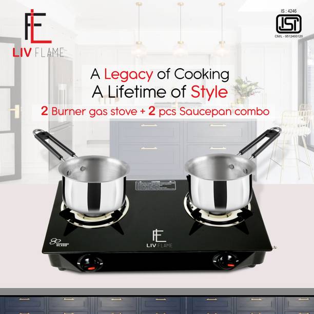 LIVFLAME Popular Combo with 2 pcs Induction Friendly Sauce Pan Food Grade Steel Glass Manual Gas Stove