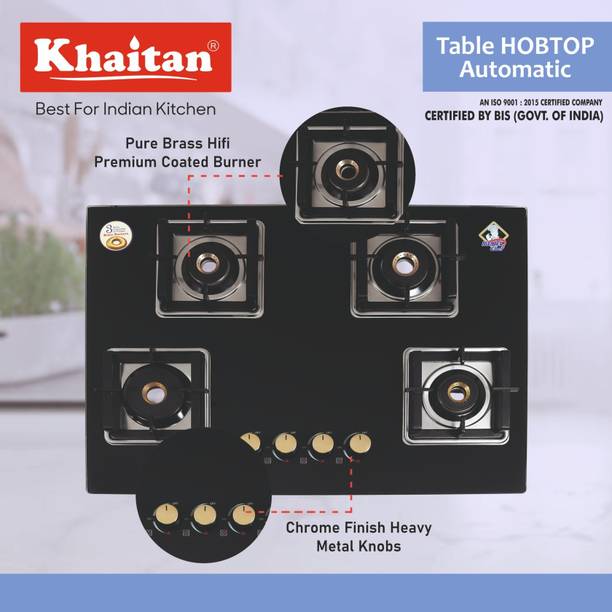 Khaitan 4 Burner Saphire Black Luxury HobTop, Automatic Ignition Toughened Glass Automatic Hob  (4 Burners)