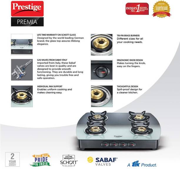 Prestige Premia 4 Burner B/W SCHOTT Glass With SABAF – I Glass Manual Gas Stove  (4 Burners)