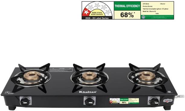 Khaitan 3 Burner BP-GIO MS Black Toughened Glass Glass Manual Gas Stove