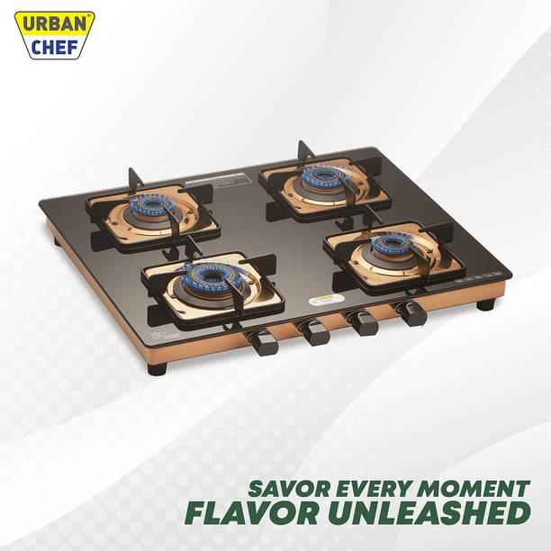 Urban Chef Gas Stove 4 Burner | Gas Chulha for Kitchen | 100% Brass Burner | PVD Rose Gold| Stainless Steel Manual Gas Stove