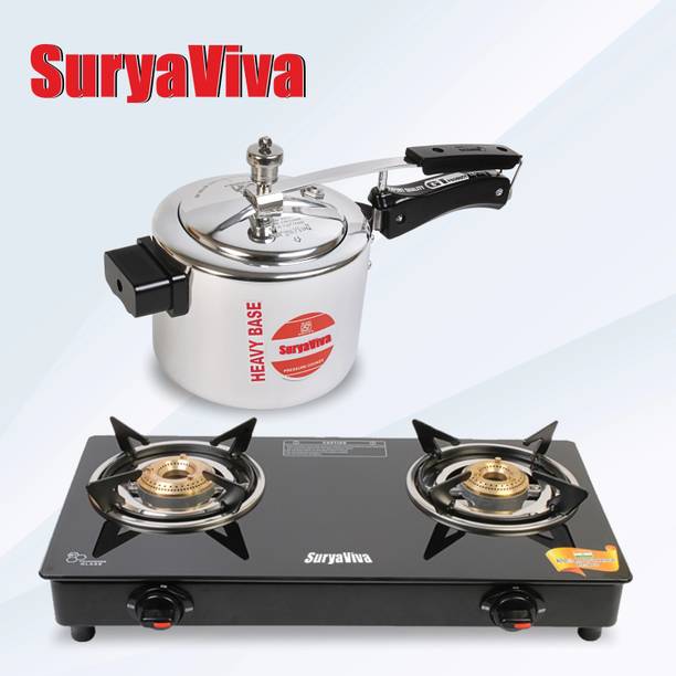 SURYAVIVA Photon 2B Combo with 3ltr. Cooker (Igniton,Black) Glass Manual Gas Stove