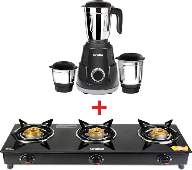 SURYAVIVA Photon 3B Combo Victo Mixer Grinder 3 jar 750 Watt Glass Manual Gas Stove