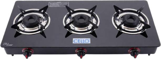CELLO Crowne 3 Burner Black Gas Cooktop,Toughened Glass, ISI Certified 1 Year Warranty Glass Manual Gas Stove