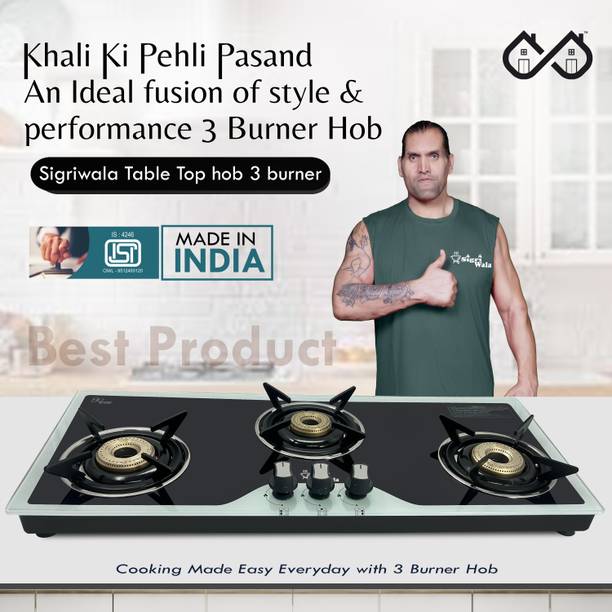 Sigri-wala Surya Primecook 3 burner Hobtop Black & White Glass Manual Hob