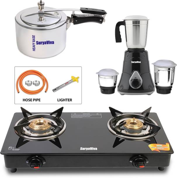 SURYAVIVA Photon 2B + Victo Mixer Grinder 750 W + Cooker 3 Ltr + Hose pipe + Lighter Combo Glass Manual Gas Stove