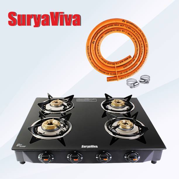 SURYAVIVA 4 Burner Photon{Hose Pipe} Gas Stove(Manual,Black) Glass Manual Gas Stove