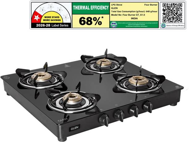 Glen LPG Gas Stove 4 Burner Glass Top Fuel Efficient Brass Burners 2 Year Warranty Glass Manual Gas Stove