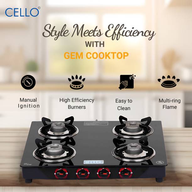 CELLO Gem 4 Burner Black Gas Cooktop,Toughened Glass, ISI Certified, 1 Year Warranty Glass Manual Gas Stove