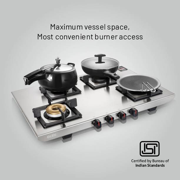 Glen Ultra Tuff Stainless Steel Gas Stove|Forged Brass Burner|Revolving Inlet Nozzle Stainless Steel Manual Gas Stove  (4 Burners)