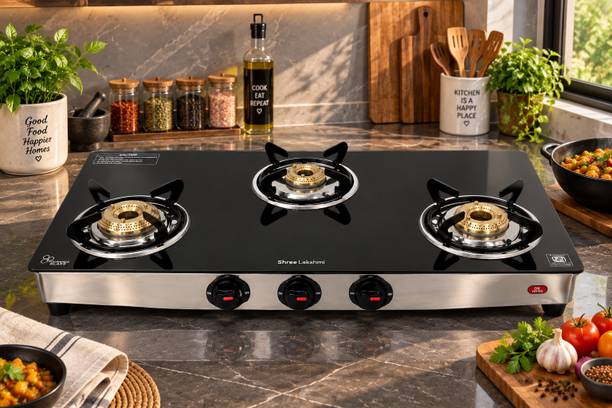 SHREE LAKSHMI 3 Burner Black SS Mirror Glass Manual Gas Stove