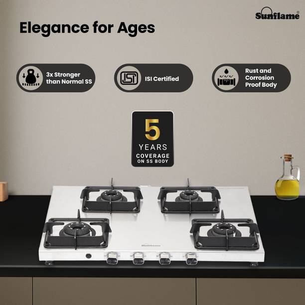 Sunflame Sunflame 4 Burner AI Slim Gas Stove with 2MM SS Metallic Body, Forged Burners Stainless Steel Automatic Gas Stove  (4 Burners)