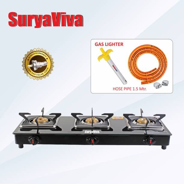 SURYAVIVA Pioneer 3 Burner(Hose pipe + Lighter) Manual Gas Stove Glass Manual Gas Stove