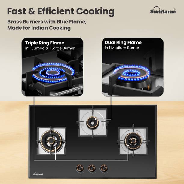 Sunflame Sunflame 3 Burner Auto Ignition Flexi Hob, 78 cm Wide Body, 8mm Glass Glass Automatic Hob  (3 Burners)